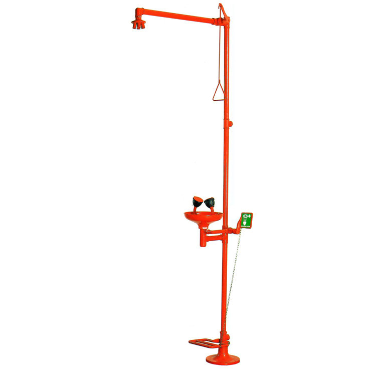 Аварийный душ TOF для тела и двойной для глаз со сливом и ручным/ножным управлением с креплением к полу (1100/380)