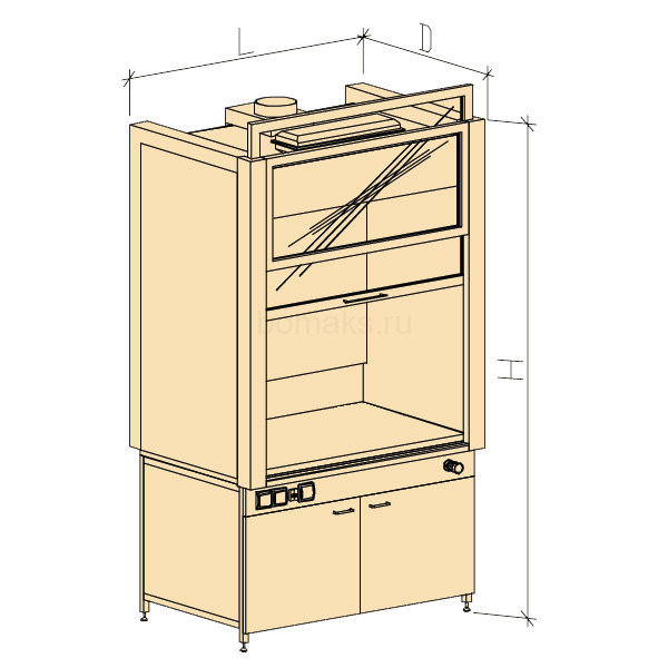 Шкаф вытяжной модульный ШВМ химическистойкий увеличенной глубины без воды 1280х900х2400, Монолитная керамика с бортиком (1200/900 ШВМкб-ХС)