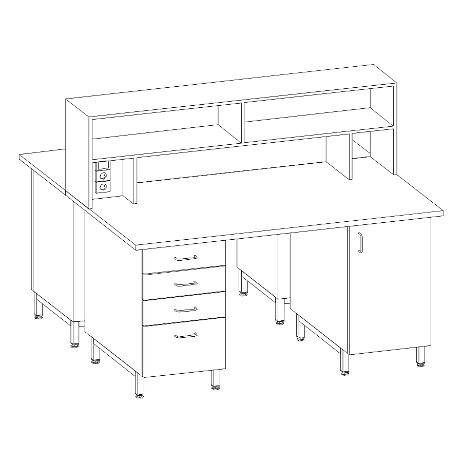 Стол островной физический МК (без воды) с надстольем (стеллажом) на основе опорных тумб 1500х1500х1500, Ламинат (1500 СОФл-2ТЯ-2ТД)