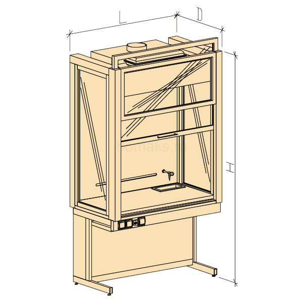 Шкаф вытяжной демонстрационный универсальный ШВДУ с водой 1280х750х2400, Durcon с бортиком (1200 ШВДУдв)