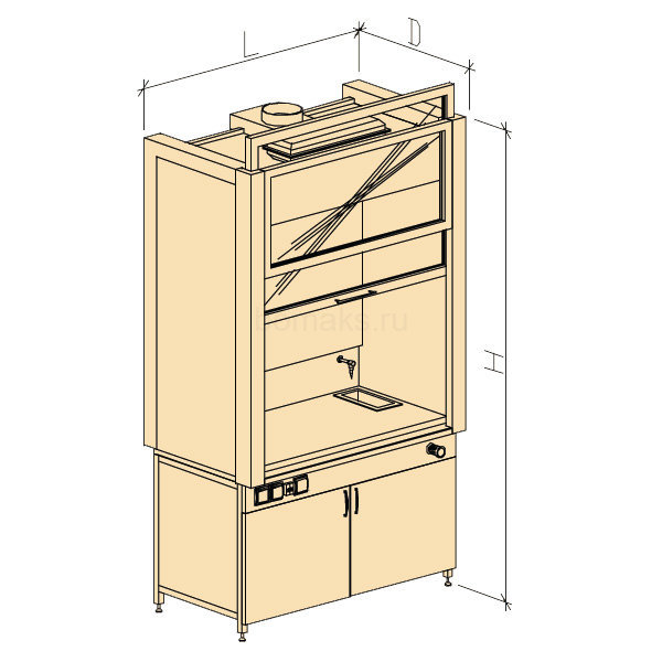 Шкаф вытяжной модульный ШВМ для работы с плавиковой кислотой с водой 1280х750х2400, Монолитная керамика (1200 ШВМкбв-ХС-Lex)